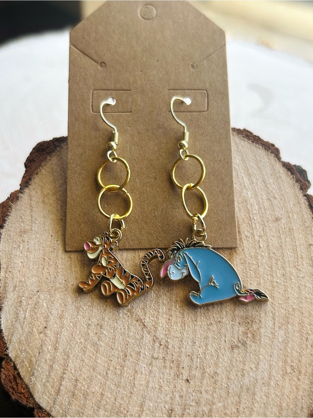 Disney Winnie the Pooh Tigger & Eeyore Handmade Dangle Earrings Gold Tone - Picture 5 of 6